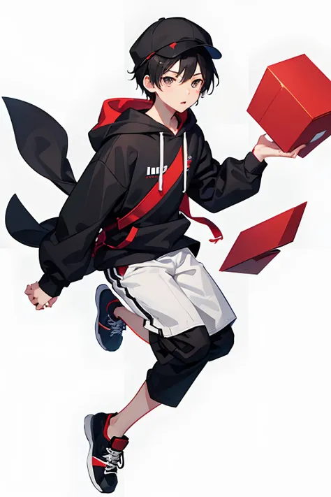 1boy, Full body, white background, young,short height, Delivery Boy, Black hair, with small cap, Black and red clothes,simple clothes, Hoodie(no logo)