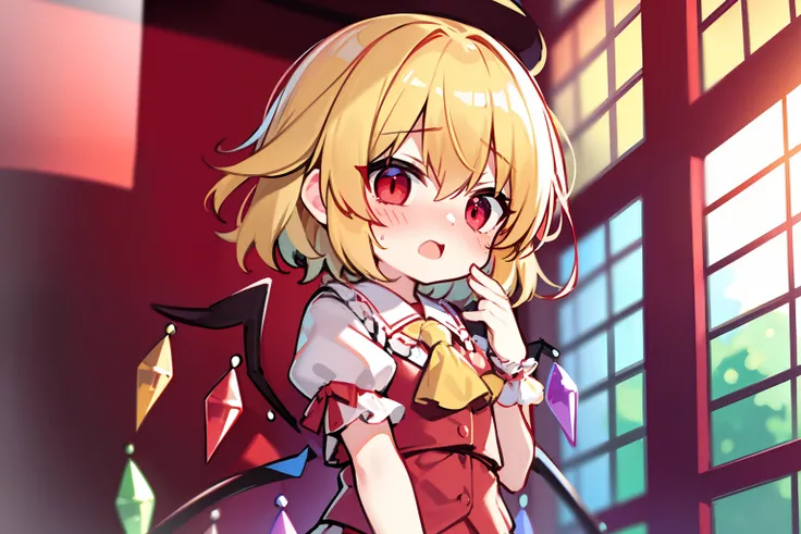 Flandre Scarlet、 beautiful countenance、Eye Highlights、embarrassed from、Petite、bright yellow hair、shortsleeves