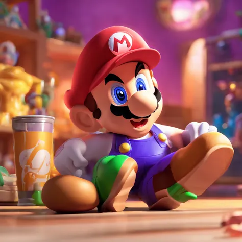 Masterpiece, best quality, (very detailed CG unity 8k wallpaper) (best quality), (best illustration), (best shadows) Mario form super Mario bros super buff with no expression on his face in a suit posing sigma drinking lean that’s purple in the mushroom ki...