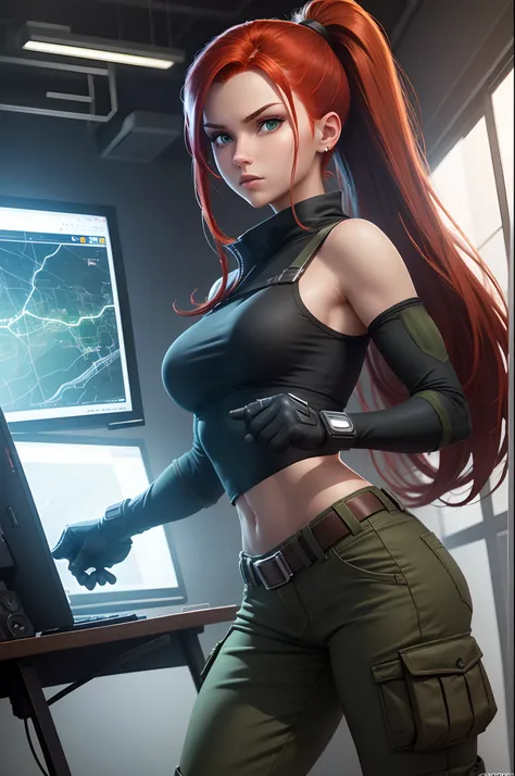 Disney Kim Possible

A teenage girl with red hair and green eyes, wearing a black crop top, cargo pants, and combat boots, is confidently standing in a high-tech laboratory. She has a determined expression on her face, ready for action. In the background, ...