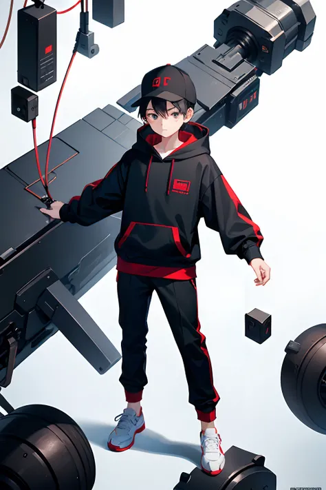 1boy, Full body, white background, young,short height, Delivery Boy, Black hair, with small cap, Black and red clothes,simple clothes, Hoodie(no logo)