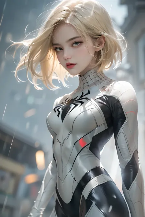 18 yo girl, white spider man suit, short blunt hair, blonde, beautiful face, rain, roof, masterpiece, intricate detail, perfect anatomy