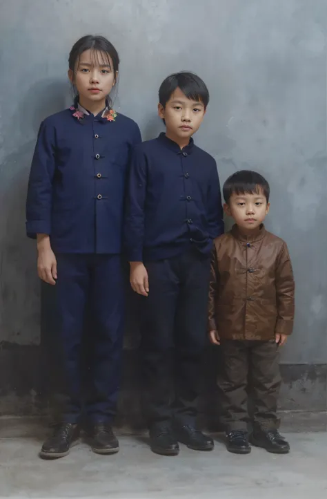 Group photo of three Chinese children，The highest is a girl，Wearing a dark blue shirt，Black pantsuit，Shoes，In the middle is a boy，short detailed hair，dark black shirt，Black pantsuit，Black cotton shoes，The shortest is a little boy，Wear plaid woolen clothes，...