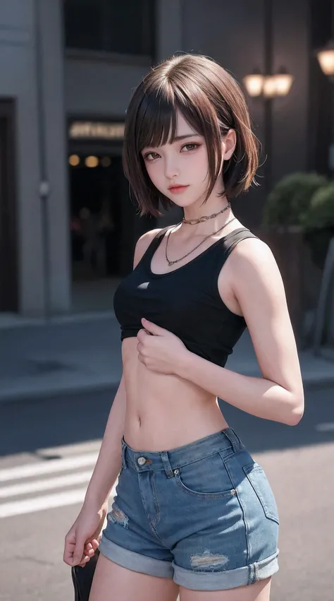 ((medium breast, tomboy girls, small head)), daylight, sunlight, (chiseled abs : 1.1), (perfect body : 1.1), (short wavy hair : 1.2) , auburn hair, collar, chain, full body shot, crowded street, wearing black tanktop, jeans jacket, ((shorts)), (extremely d...