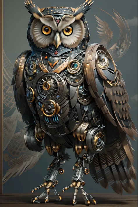 (best quality,4k,8k,a high resolution,masterpiece:1.2).((a giant mechanical owl:1.37))，glowing eyes，sharp beak,sharp talons。mach...