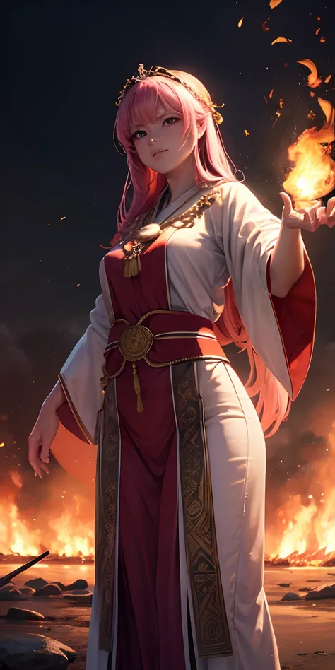 (Best Quality,4K,8K,hight resolution,masutepiece:1.2),Ultra-detailed,(Realistic,Photorealistic,Photorealsitic:1.37),High Frequency:1.8,rich detail,masutepiece,Beautiful priestess in pink shirt standing in front of fire,Dancing,Waving hands,Flames surroundi...