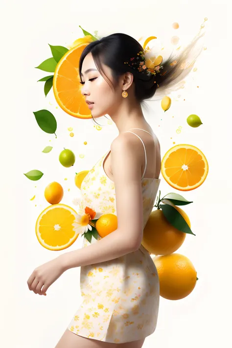 beautiful asian woman wearing a floral white dress, citrus fruits flying around, rainbow orange highlights, background of assort...