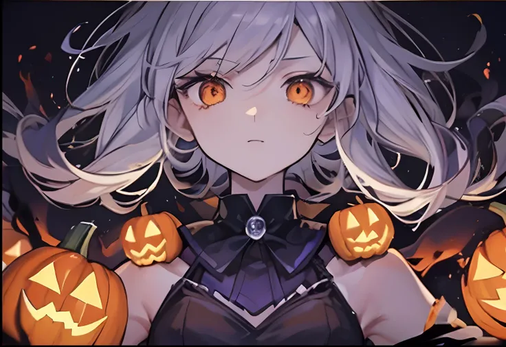 Woman with long hair and pumpkin in front of her eyes, Ayaka Genshin Impact, halloween theme, official artwork, ❤🔥🍄🌪, halloween art style, halloween night, from arknights, trick or treat, halloween celebration, Light Novel Cover Art, Official art, portrait...