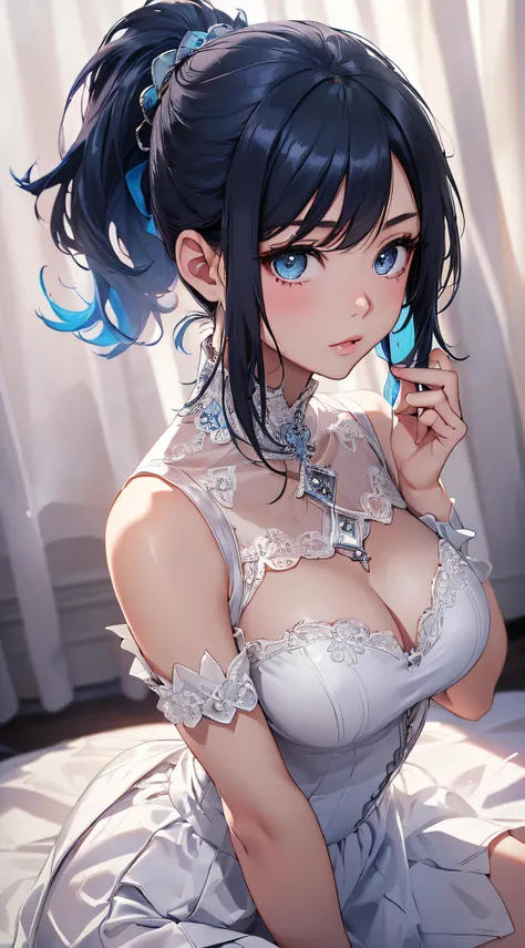 top-quality、Top image quality、​masterpiece、girl with((cute little、18year old、Best Bust、Medium bust、Bust 85,Beautiful blue eyes、Breasts wide open,Ponytail with black hair、A slender、Blue hair mesh、Beautiful white dress、White short skirt、Lying on the bed、sexy...