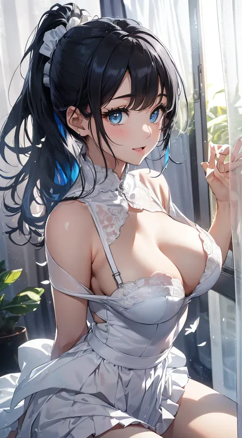 top-quality、Top image quality、​masterpiece、girl with((cute little、18year old、Best Bust、Medium bust、Bust 85,Beautiful blue eyes、Breasts wide open,Ponytail with black hair、A slender、Blue hair mesh、Beautiful white maid clothes、White short skirt、Laugh、posterio...