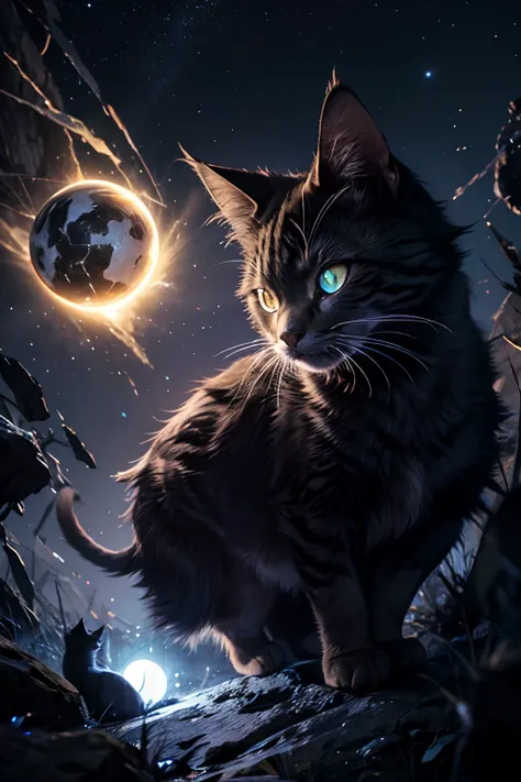 Generate an image of a nocturnal cat, with a sleek, furred body that glows in the dark, large, reflective eyes, cute feline like features and a tail that ends in a cluster of glowing orbs, resembling a constellation of stars.