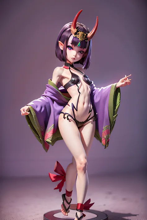,blind box, shuten douji, headpiece, revealing clothes, bare arms, ankle ribbon, barefoot sandals, flirty look, short purple kimono, small breasts, slim, fullbody shot, wide hips, young girl,