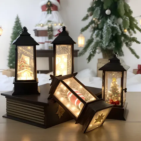 4 lit Christmas lanterns hanging on the table，Christmas tree in background,warm lantern lighting, warm and joyful atmosphere。