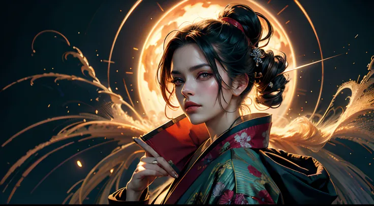 (Dramatic Digital Artwork:1.3), (Energetic:1.3), portrait of female (snezanasakovic2:1.1) wearing a kimono, style-sylvamagic, fashion girl, CGSociety, ArtStation