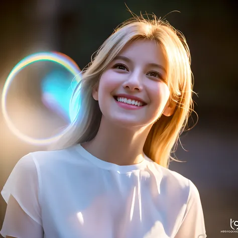 Viewers are watching the highest quality of mysterious realism, (bio luminescent:0.95) cute woman smiling person adorable sheer halo particles of light one girl sheer shirt ray tracing luminous light romanticism big light background goddess soft smile high...