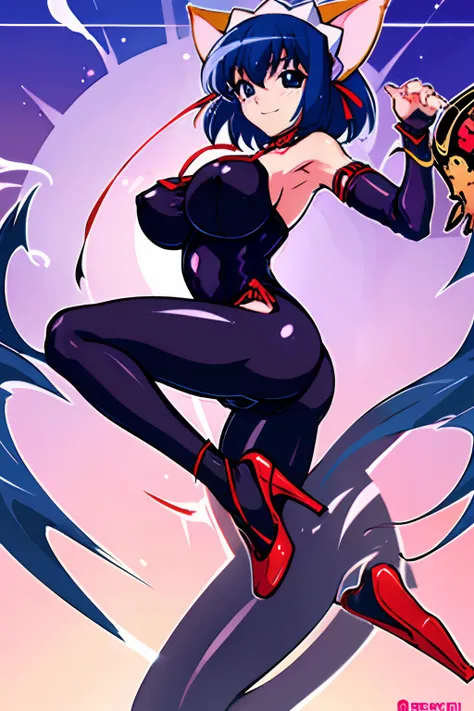 Carefully draw the face　High-quality faces in anime style　Shiny black full body suit　Black High Heels　huge tit　Big ass　Whip thighs　seductiv　a smile　succubus