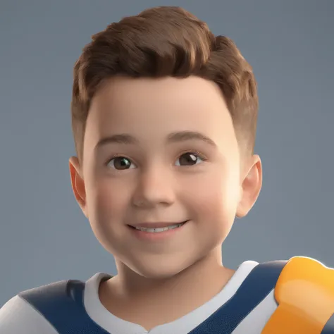 Antonio e um menino de 3 anos, pele morena, cabelo castanho cacheado com muito brilho, um lindo e iluminado sorriso. Usa roupas de escola, camiseta azul marinho e calcas cinza, tenis nike cinza