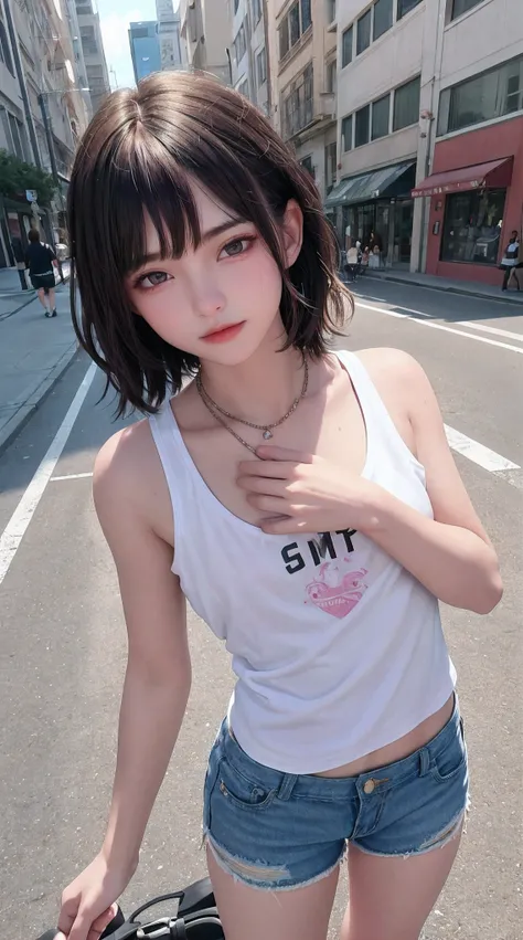 ((medium breast, tomboy girls, small head)), daylight, sunlight, (chiseled abs : 1.1), (perfect body : 1.1), (short wavy hair : 1.2) , auburn hair, collar, chain, full body shot, crowded street, wearing tanktop, jeans jacket, ((shorts)),detailed skin,