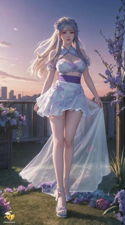 masterpiece, professional lighting, photon mapping, radiosity, physically-based rendering,1girl, full body,absurdres, highres, skyline, beautiful detailed sky, covered , large breasts,(song style outfits, light blue short shan, translucent white pleated sk...