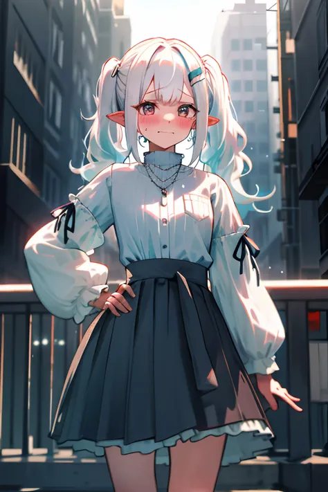 One girl with pigtails wavy hair, white hair, looking at viewer, embarrassed, blushing, tears, outdoor , white shirts, necklace, sleeves rolled up, , pointy ears, perfect waist, standing, hand on hip, clothes around waist, hair ornament, eyeliner