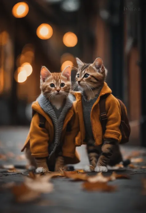 season for autumn、I have two little kittens, a cute little cat, cute kittens, Cutest, Incredibly cute, Adorable and cute, And cute and lovely. They are walking down the street with backpacks, Walking together, commute, Proudly walk down the street, And the...