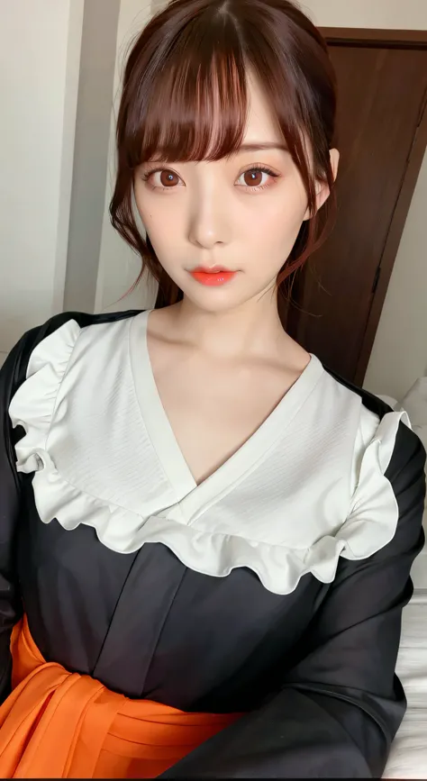 masterpiece, best quality, (dark photo:1.3), photorealistic, 1girl, flat bangs, stunning innocent symmetry face, shirt, emotional, ulzzang, (PureErosFace_V1:0.7), japeneseteacher, red hair, red eyes, facing viewer, front view