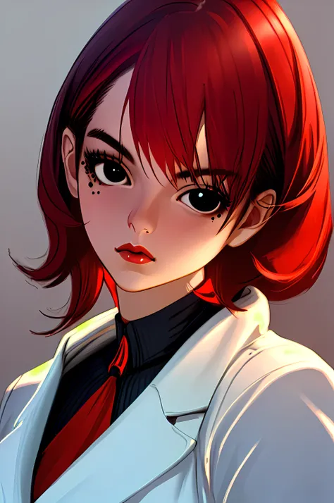 (Detailed Lights, Detailed Shadows), 1Woman, Red Hair, White Coat, ((Detailed Eyes)), Close-up, Portrait, (Black Eyes), Extremely Detailed Clothes, ((Modern Clothes)), Beautiful Hair, Muscular, Hair Down, Extremely Detailed Background, Beautiful Background