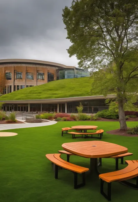 University lawn with landforms, rain garden, bioswales and tables and chairs for the students