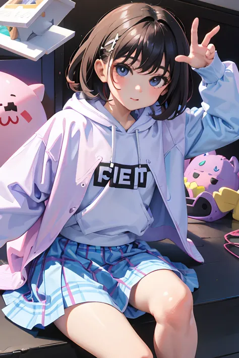 (child)，（​masterpiece，Highest Quality），Pastel hoodies with short sleeves，(gingham checked skirt)，A dark-haired，World of toys