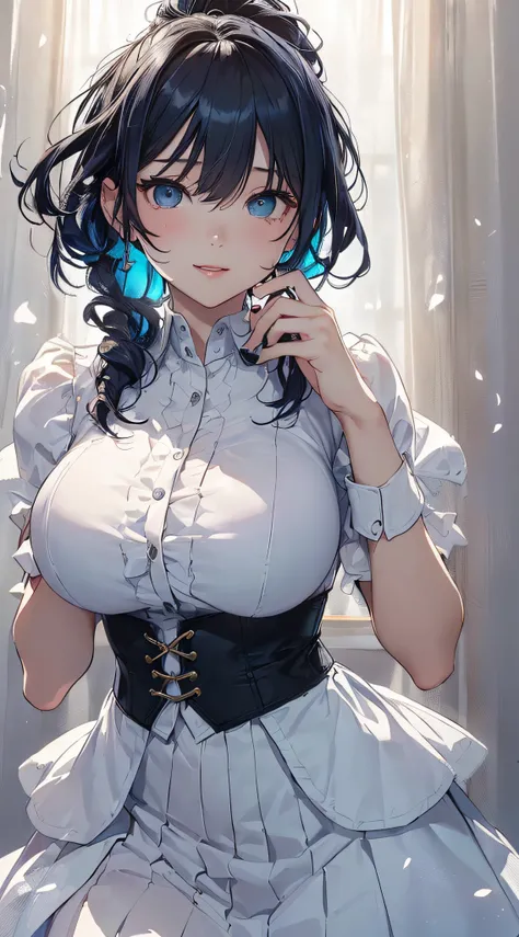 top-quality、Top image quality、​masterpiece、girl with((cute little、18year old、Best Bust、Medium bust、Bust 85,Beautiful blue eyes、Breasts wide open,Ponytail with black hair、A slender、Blue hair mesh、Beautiful white shirt、White short skirt、Laugh、posterior view、...