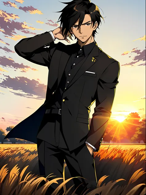 Anime boy in rye field with sunset background, Anime handsome man，Short black hair，Black eyes，Black clothes, Anime portrait of a handsome man, Official illustration, offcial art, young anime man, Key anime art, Smooth anime CG art, Handsome anime pose