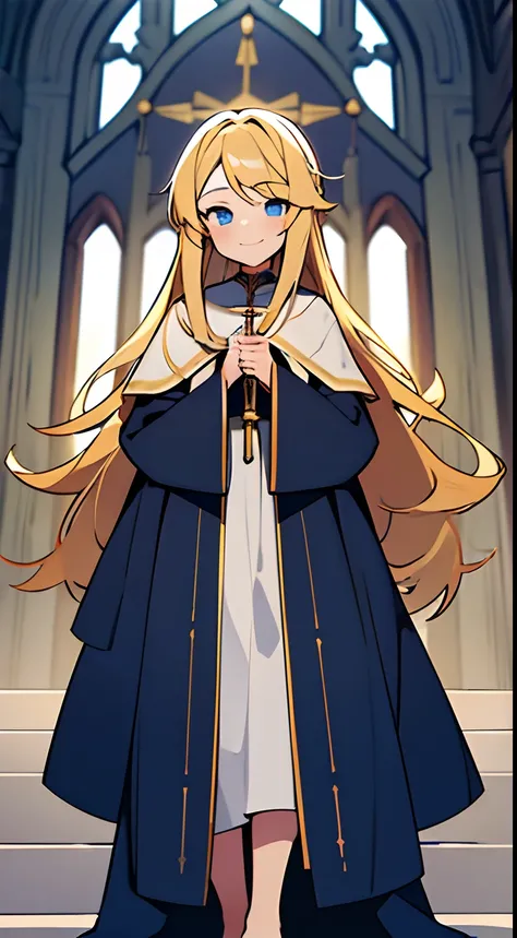 A girl with long blonde hair，Around 14 years old，Be the pastor of the church，Wearing a white robe，The clothes have a lot of blue and yellow tattoos，Very Christianized，Holding a staff，Barefoot，ssmile