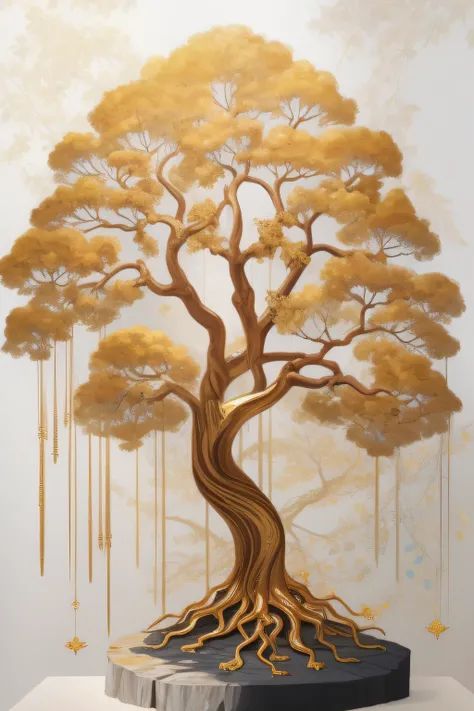 a painting of a tree with gold leaves on it, golden sacred tree, pintura em folha de ouro, toque de folha de ouro, arte da folha de ouro, obras de arte impressionantes, rich tree, pintura bonita de um alto, dourado com ouro, toques de folha de ouro, Por Ra...