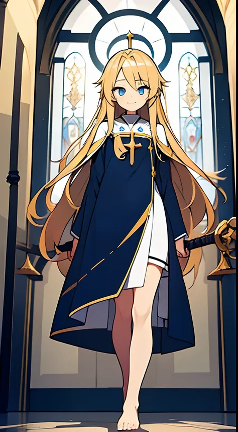 A girl with long blonde hair，Around 14 years old，Be the pastor of the church，Wearing a white robe，The clothes have a lot of blue and yellow tattoos，Very Christianized，Holding a staff，Barefoot，ssmile