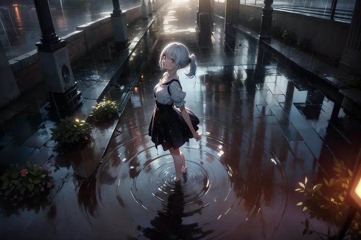 1 girl, character focus,cinematic angle, full-body , standing on puddle, ((looking up)), bare-foot, smile ,((rain)),cinematic lighting,high resolution,(incredibly absurdres), (hires.fix:1.3),anime visual,ultra detailed CG unity 8k wallpaper, ((masterpiece)...