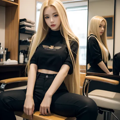 A blonde girl with long blonde hair. Thin and sexy body. wearing black tight pants and a sweatshirt. Sitting at the barbershop when we can only see her hair