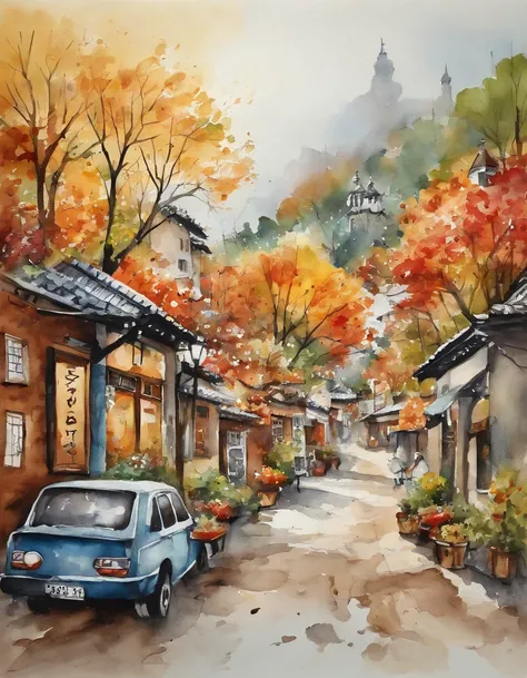 Illustration of the city with many colorful leaves, korea, Seoul, In the style of a lively cartoonist, tomber,, La lanterne de Jack O, spices, New York School, Robert Monsch, Concept street art, Photos de films 50d, Naturalistic depiction of flora and faun...