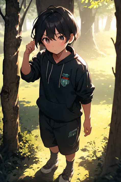 A young boy, Daniel, stands at the edge of the mysterious forest, gazing at the sun-dappled trees.