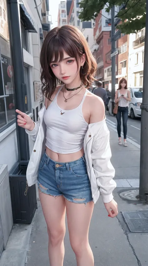 ((medium breast, tomboy girls, small head)), daylight, sunlight, (chiseled abs : 1.1), (perfect body : 1.1), (short wavy hair : 1.2) , auburn hair, collar, chain, full body shot, crowded street, wearing tanktop, jeans jacket, ((shorts)),detailed skin,