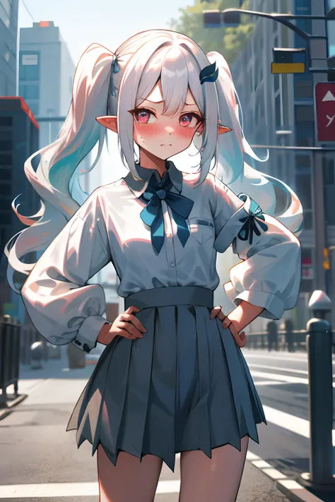 One girl with pigtails wavy hair, white hair, looking at viewer, embarrassed, blushing, tears, outdoor , white shirts, sleeves rolled up, , pointy ears, perfect waist, mini skirt, standing, hand on hip, clothes around waist, hair ornament, eyeliner, thigh,...