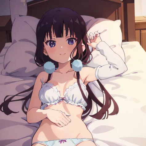 ((masutepiece)), ((Best Quality)), (Ultra-detailed), Anime style, Luxury bed, Cute little girl s, 1girl in, Solo,((Beautiful eyes)), large full breasts, wearing underpants, Smile