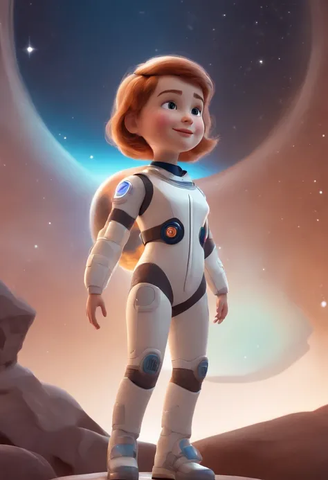 A happy and cute girl standing with short hair, wearing a space costume, , white backgrounid, Gamine, Tom, pixar-style, ....。.3D, cartoony, Detal Face, Asymmetric 16K