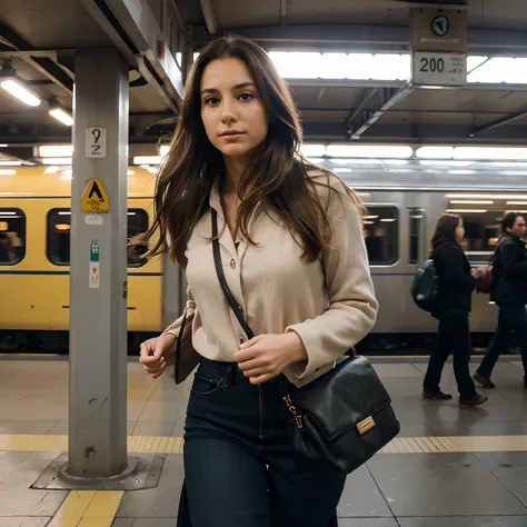 Capture the essence of a spontaneous moment with a dynamic photograph of a beautiful 30-year-old woman with flowing brown hair as she hurries to catch a train. The shot should convey the palpable sense of rush and urgency as she moves swiftly through the b...