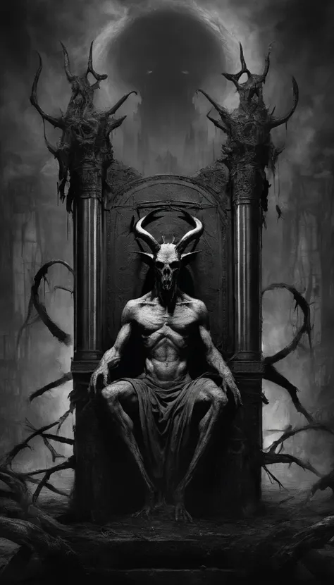 Baphomet sitting on his throne in hell with bloodied ground