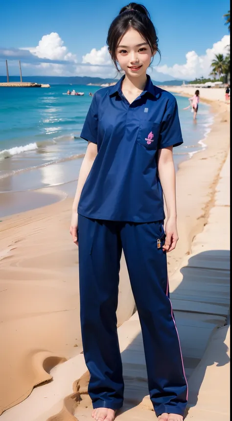 ((1 Cute girl on the beach:1.5)),(wide shot:1.3),Field of view,Look at the distance.,Open your mouth.,Smile and be happy.
,25yo, Ponytail, Perfect body, Correct body, ((Correct anatomy:1.37))
, Full body,((barefoot:1.36))
,(peformth:1.5), ((pink shirt:1.1)...