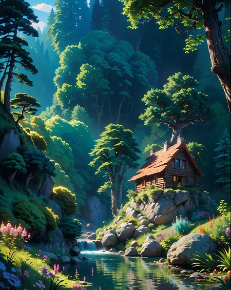 exaggerated and dynamic scene - a wooden cottage, built on the right side of a small waterfall that flows into a lake on the lef...