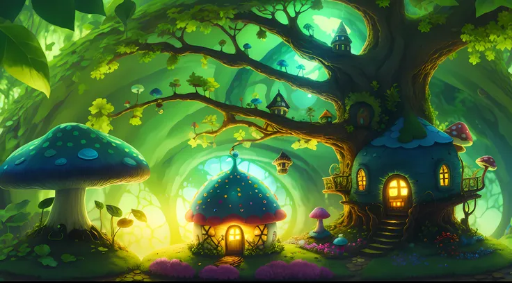 world in a bottle，a fairyland-like hideaway，colorful mushroom house，a fairy world