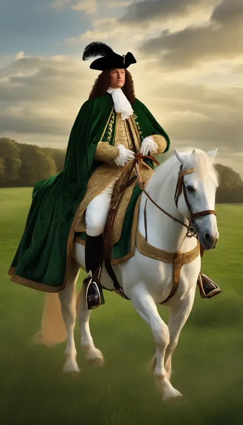 17th century King Louis XIV dressed in royal clothes sitting on a horse in a green field, full figure, in the style of photorealistic detailing, brushwork exploration, flickr, photorealistic renderings, white and gold, glamour, lights, pseudo-realistic --a...