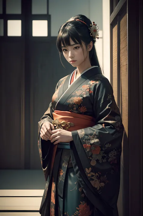 (dark shot:1.4), 80mm, (dark shot:1.4), 80mm, Magnificent Real, Geisha painting with European features Enter the downtown area of Japan, Red and white kimono,range murata, a big red sun in the background, A stunning, matted, paul gauguin, von gogh, Art by ...