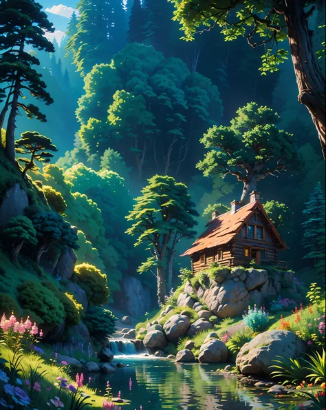 exaggerated and dynamic scene - a wooden cottage, built on the right side of a small waterfall that flows into a lake on the lef...